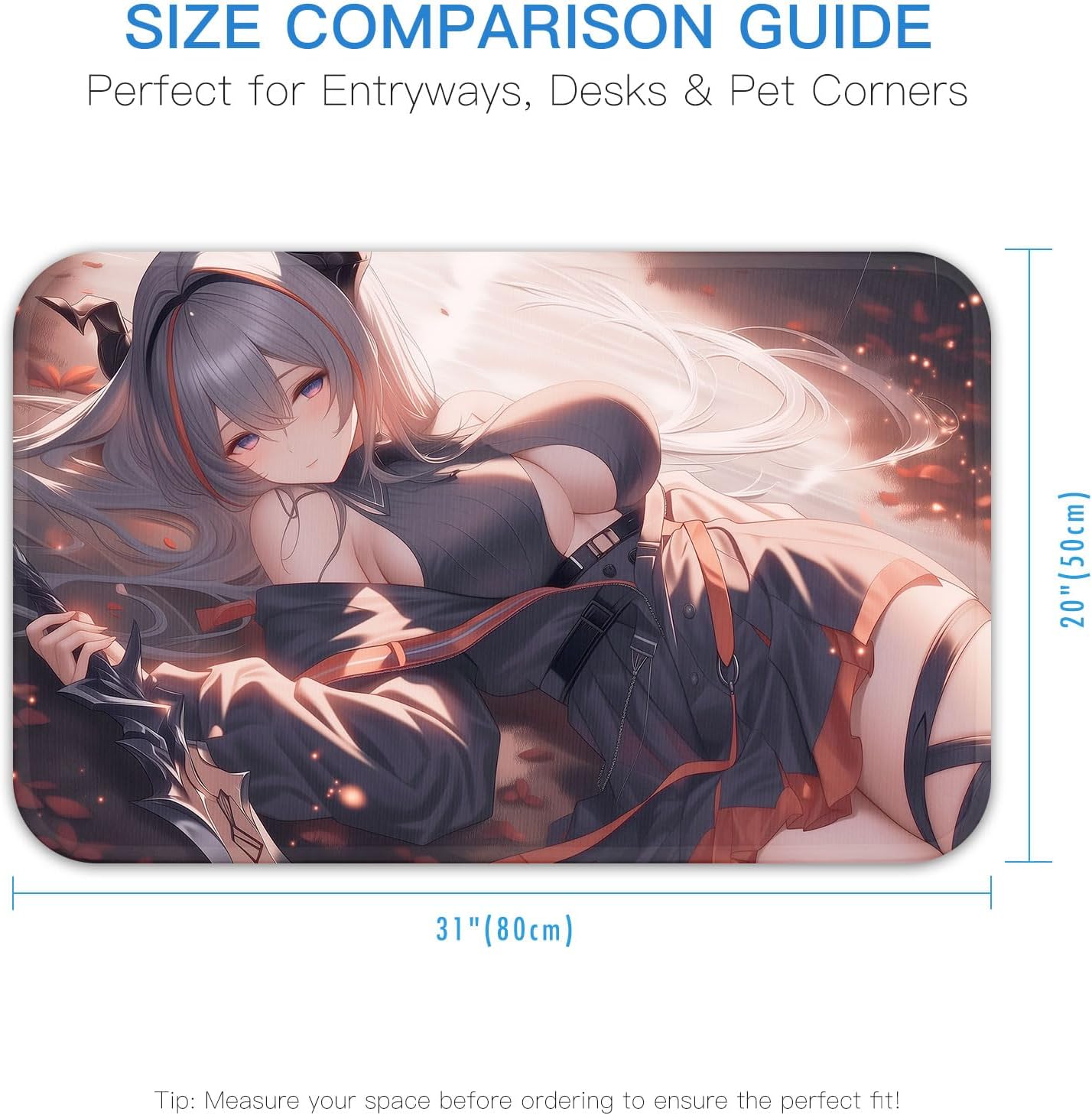 Japanese Grey Hair Anime Girl Floor Mat, Fantasy Succubus Bedroom Door mat, Sexy Anime Waifu Area Rug, Gaming Battle Station Decor, Bathroom Runner for Game Room Decor (32" x 20") image 3