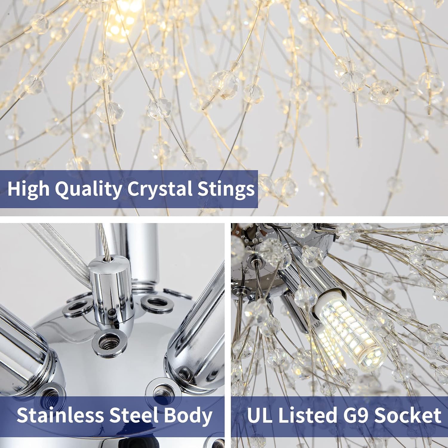 Modern Crystal Chandeliers Firework, 9-Light Chrome Dandelion Sputnik Ceiling Light Fixtures, Sputnik Chandelier Pendant Light for Bedroom Living Room Dining Room Kitchen Island Hallway