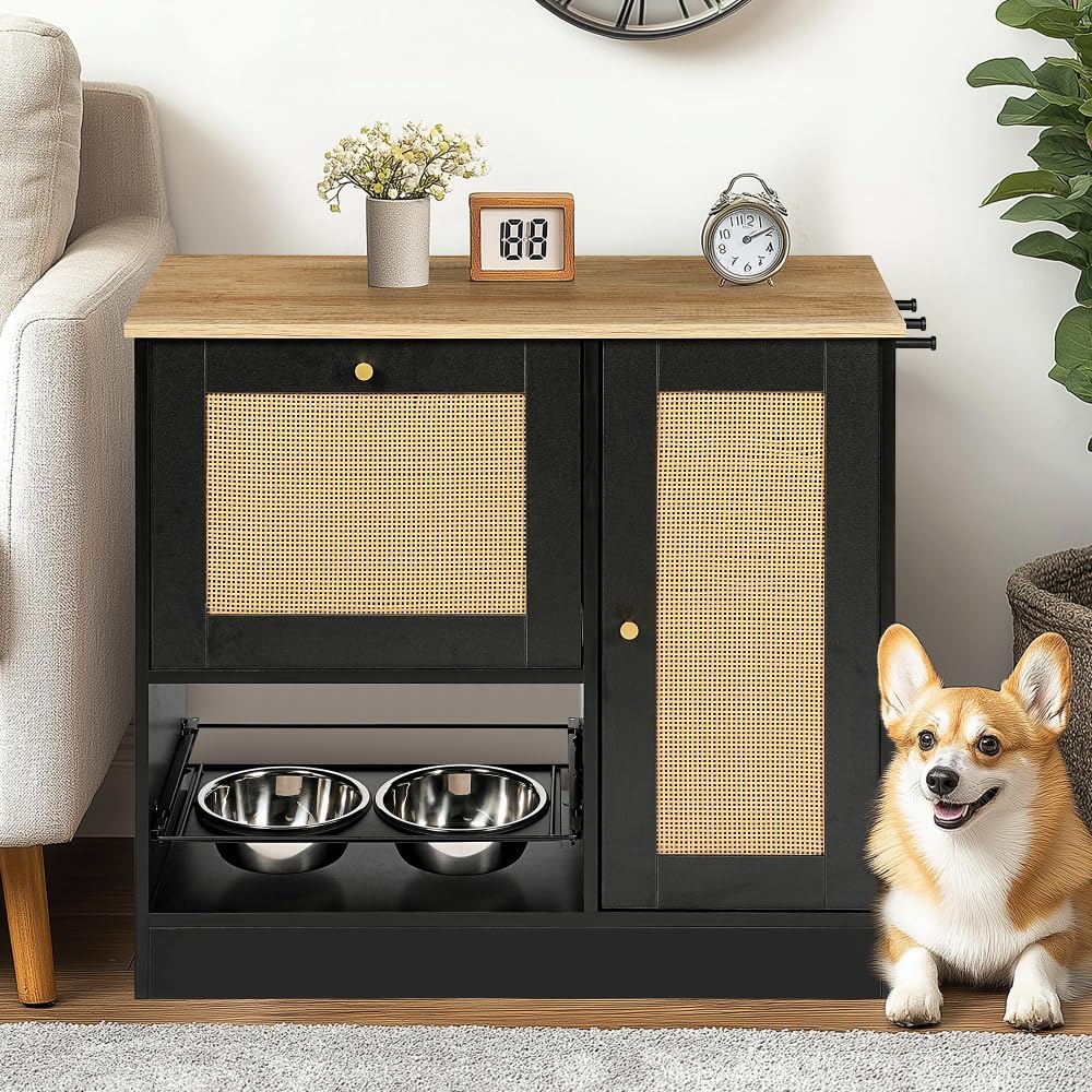 Elevated Pet Feeding Station with Dual Stainless Steel Bowls and Storage Drawers for Dogs and Cats