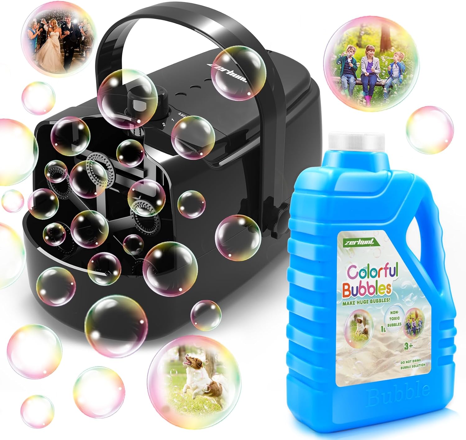 Zerhunt black bubble machine and blue bubble solution