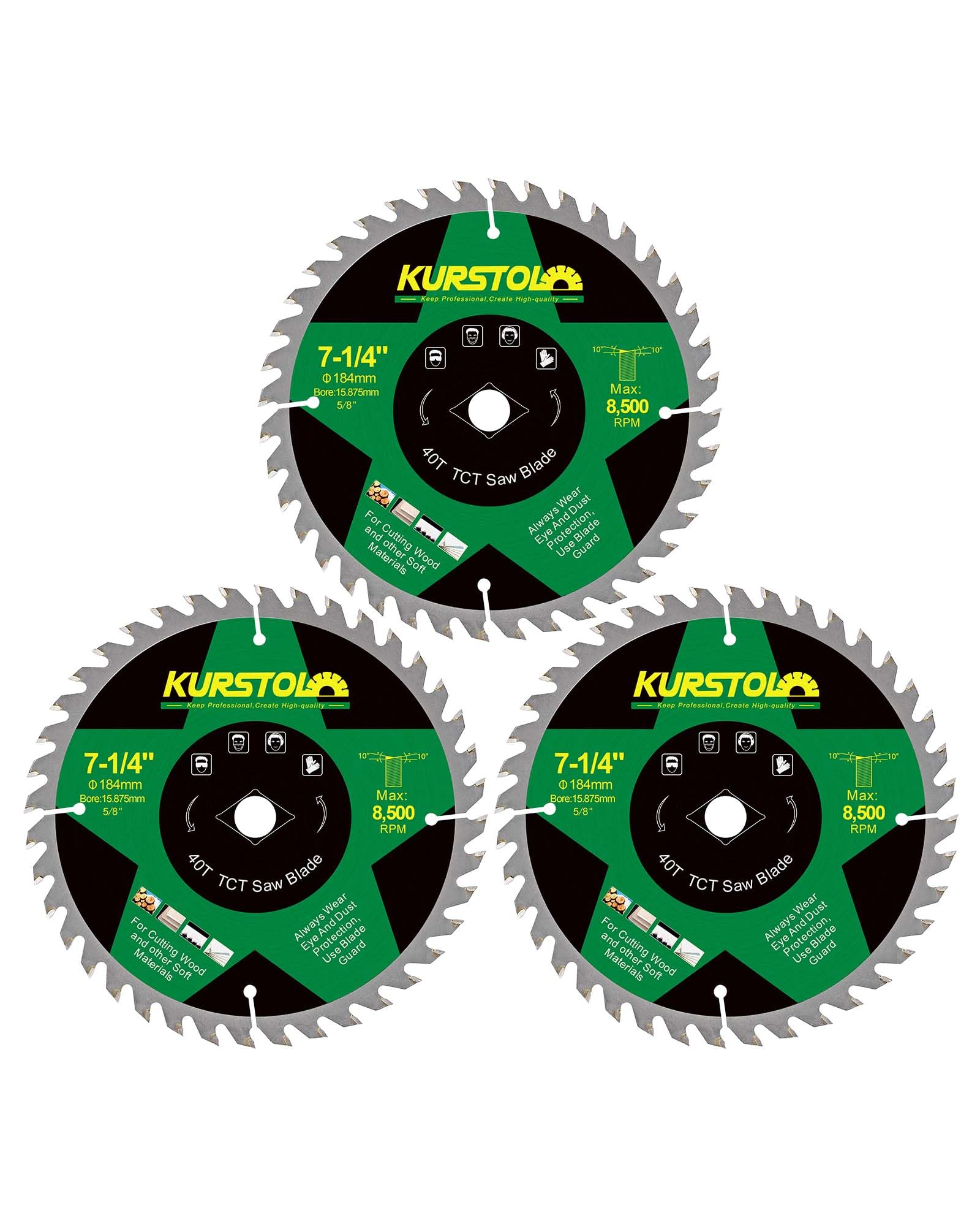 KURSTOL Wood Circular Saw Blade - 184 x 15.875mm 40 Tooth TCT Cutting Blade for Wood, Plastic, Plywood, Particle Boards, Multilayer Boards(3 Pack)