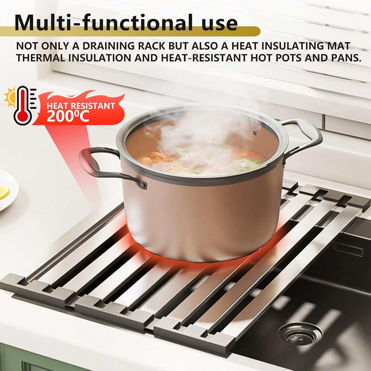 Collapsible Dish Drainer, Kitchen Sink Holder, FDA Grade BPA Free, 304 Stainless Steel Organizer Mat for Cups, Fruits, Vegetables (42 x 32.5 cm) image 5