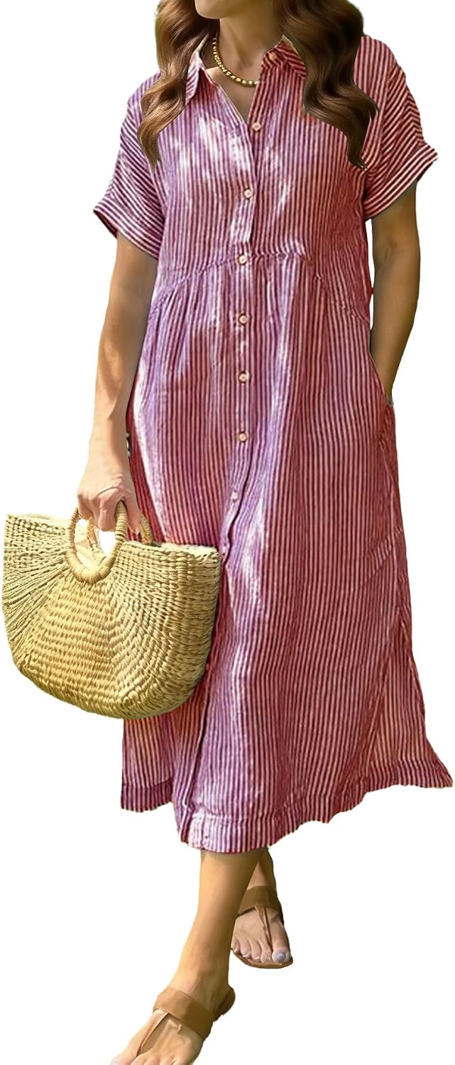 Women's Striped Midi Long Shirt Dress Short Sleeve Casual Loose Summer Dress