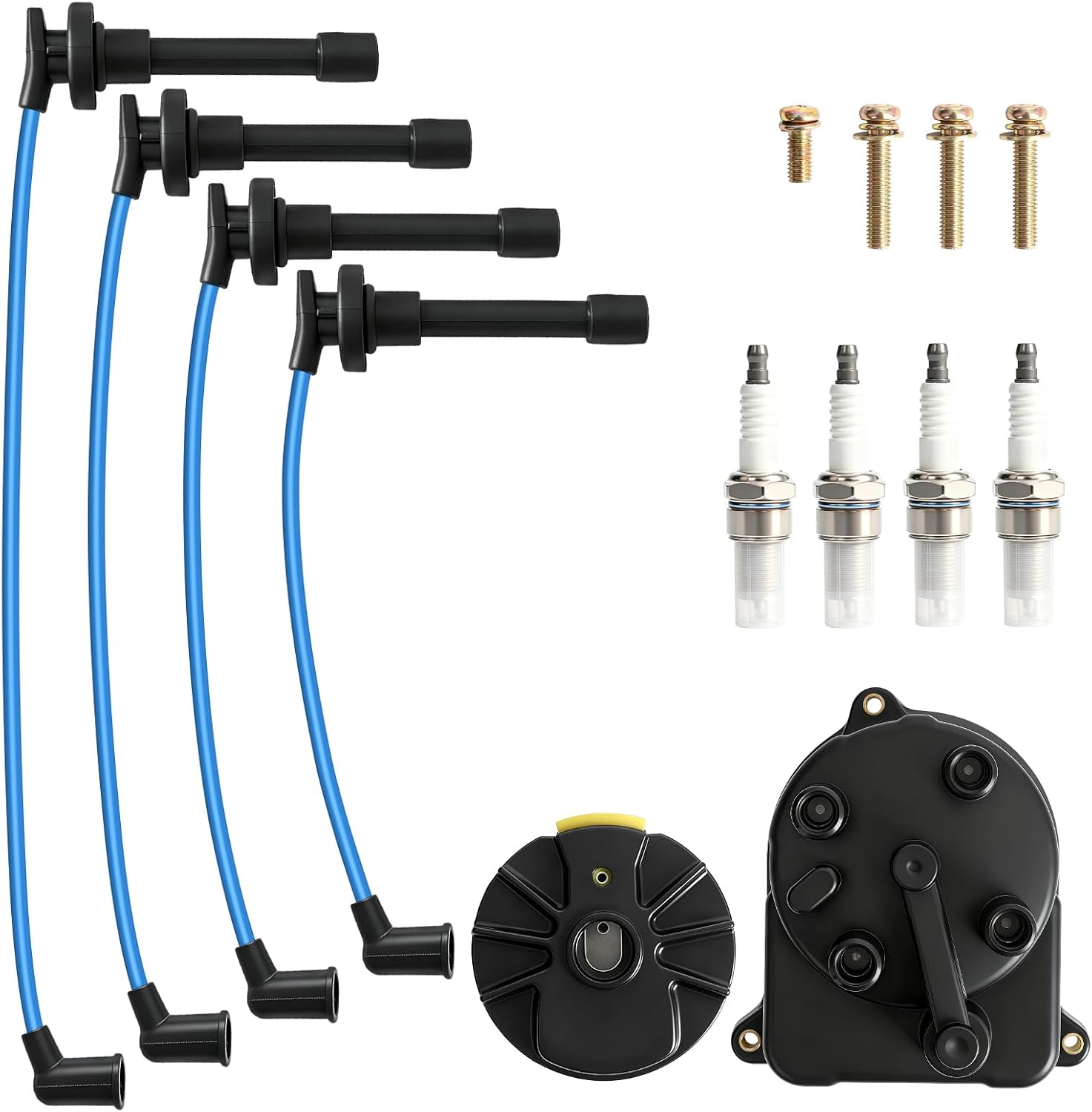 Set of 4pcs Iridium Spark Plugs with Wire Set 32702-P0A-A00 8028 RC-HE73 & 1Pc Ignition Distributor Cap and Rotor Kit, Compatible with Honda Accord Civic CR-V Acura Integra CL - L4 2.3L 2.2L 1.6L
