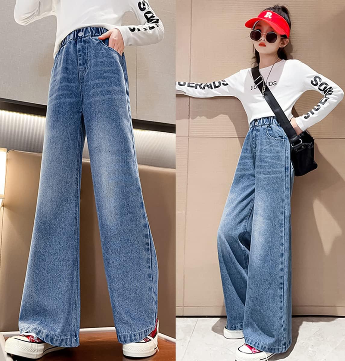 Girls Baggy Wide Leg Jeans Elastic Waist Casual Washed Denim Pants Age 5-14 - Image 6