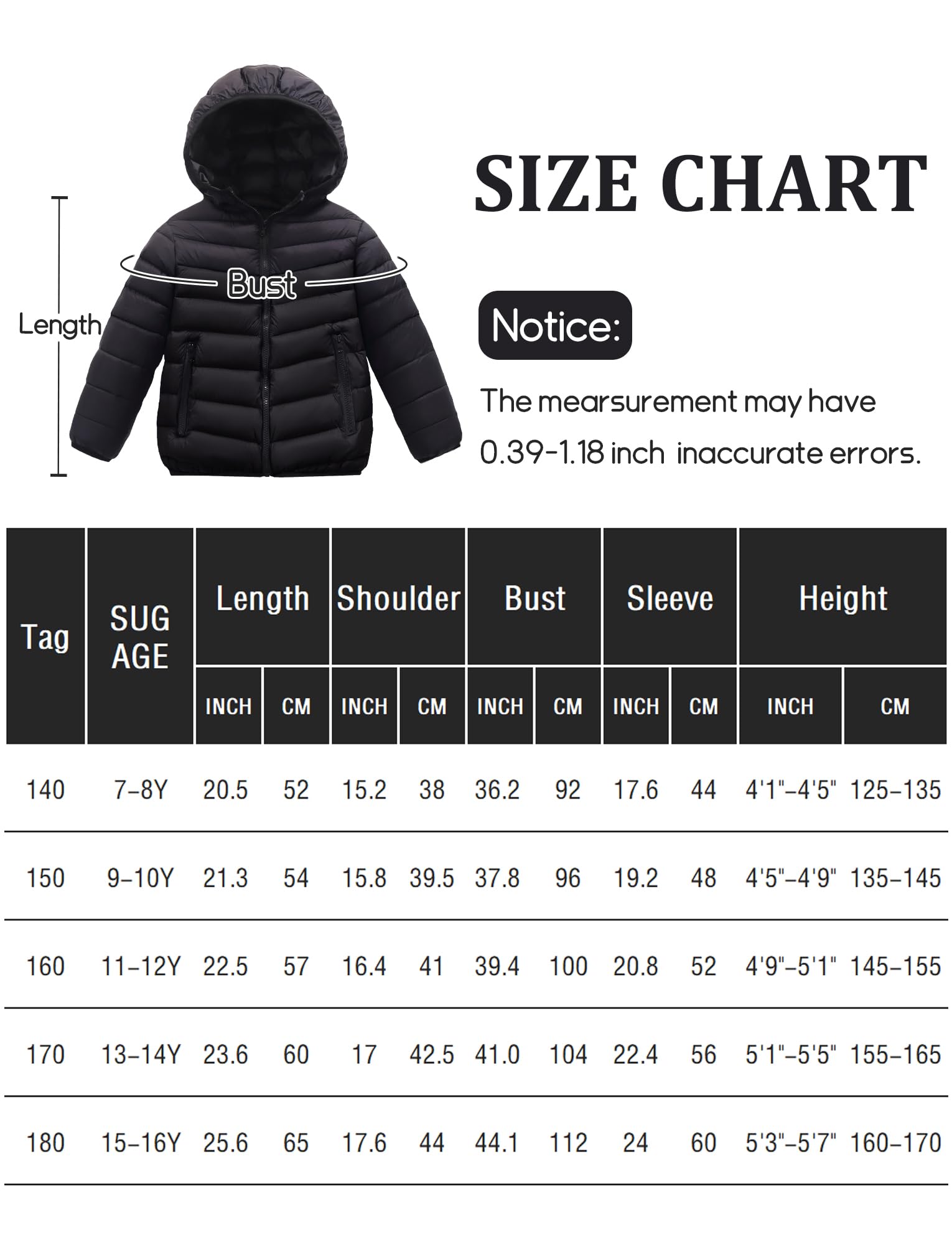 SEAUR Légère Manteau Hiver Enfant Garçons Doudoune à Capuche Manches Longues Chaud Veste Enfant Zippée Matelassée 13-14 ans