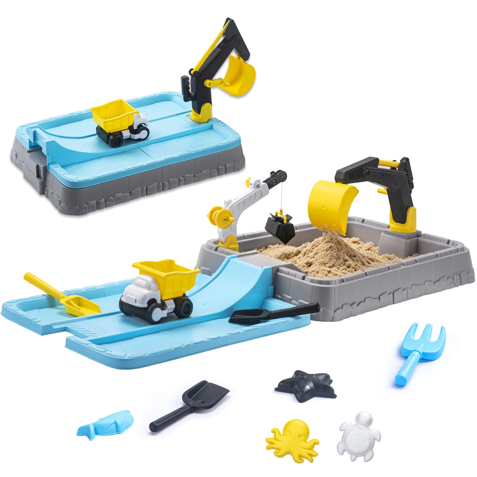 Kids Excavator Sandbox with Cover, Construction Sandbox Set with Beach Toys & Dump Truck, Outdoor Educational Play Set for Toddlers Ages 3-12