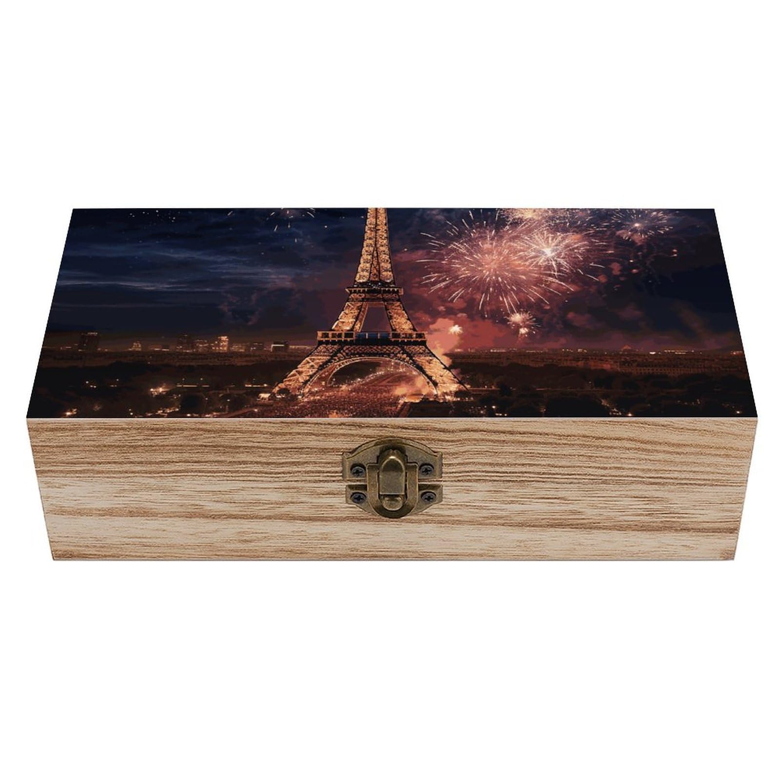 KLOPH Wooden Storage Box Eiffel Tower Fireworks Wood Gift Box with Hinged Lid Vintage Decorative Jewelry Boxes Memory Box for Jewelry Art Hobbies Home Storage Treasure Keepsake Gift 7.9''x3.9''x2.3''