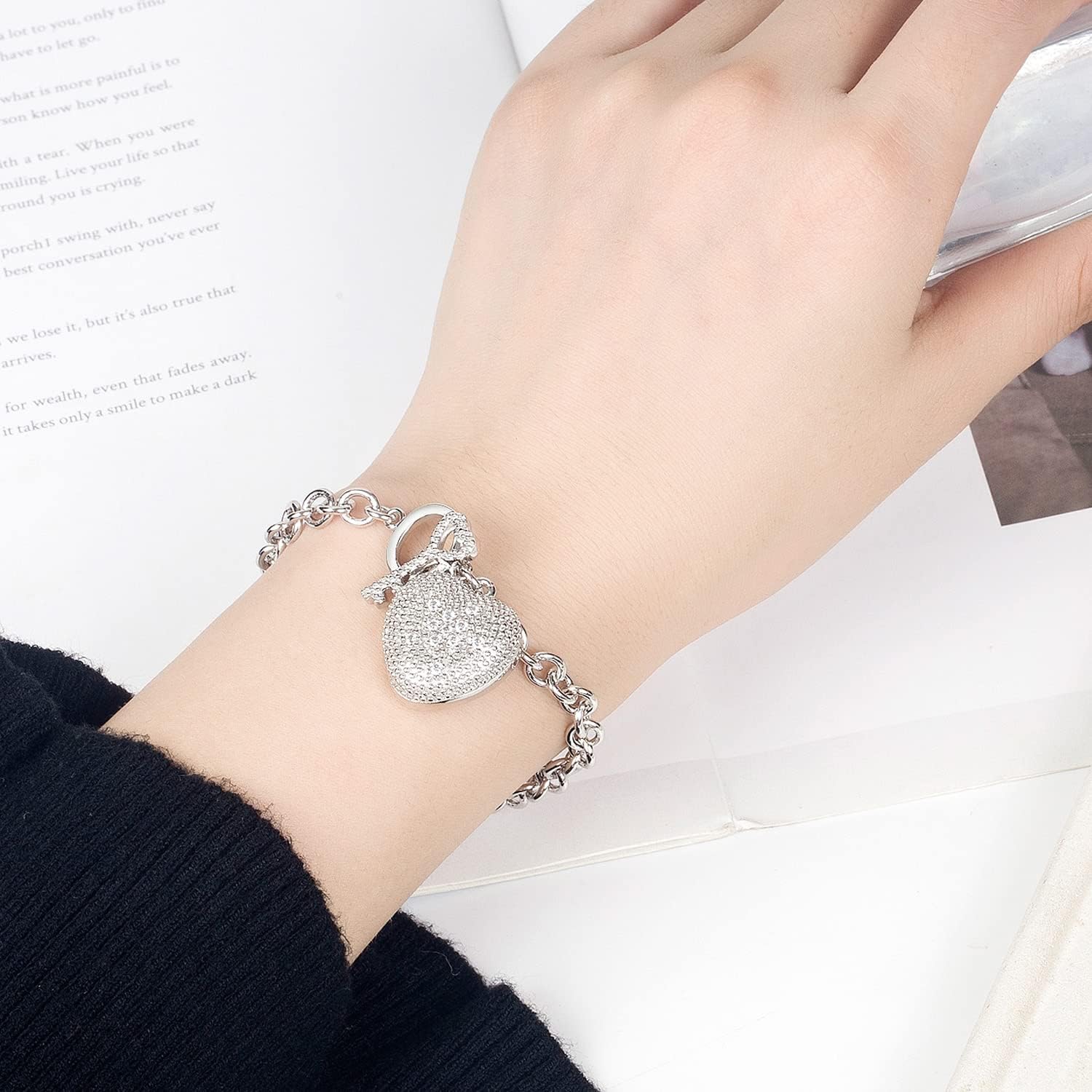 Dankadi Charm Women 925 Sterling Silver Key Lock Pendant Bracelet Fashion Solid Silver Rolo Chain Bangle Fine Jewelry Gift For Wife & Girlfriend (Silver Heart Style, 7.5 inch) - Image 2