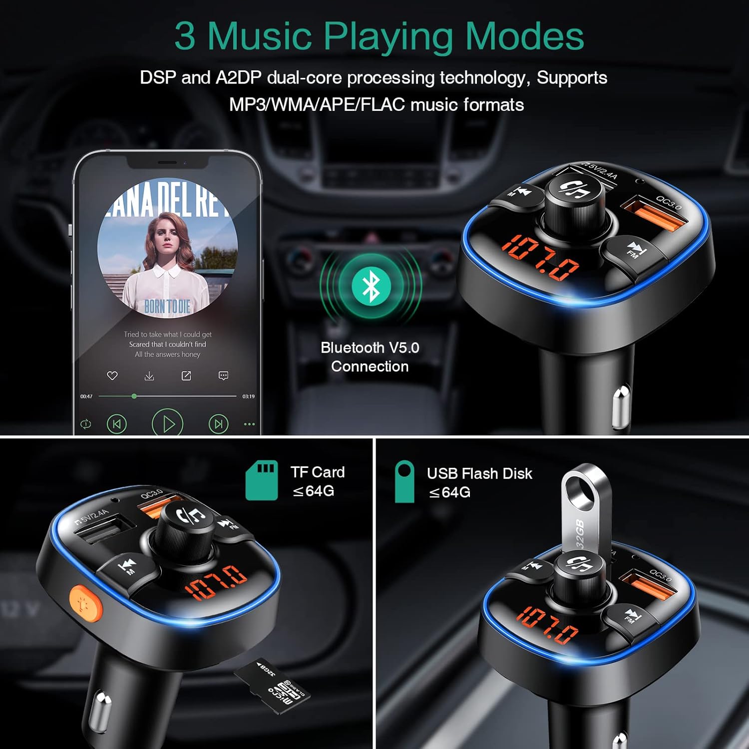 ORIA Bluetooth FM Transmitter, Car Bluetooth Adapter V5.0 Transmitter