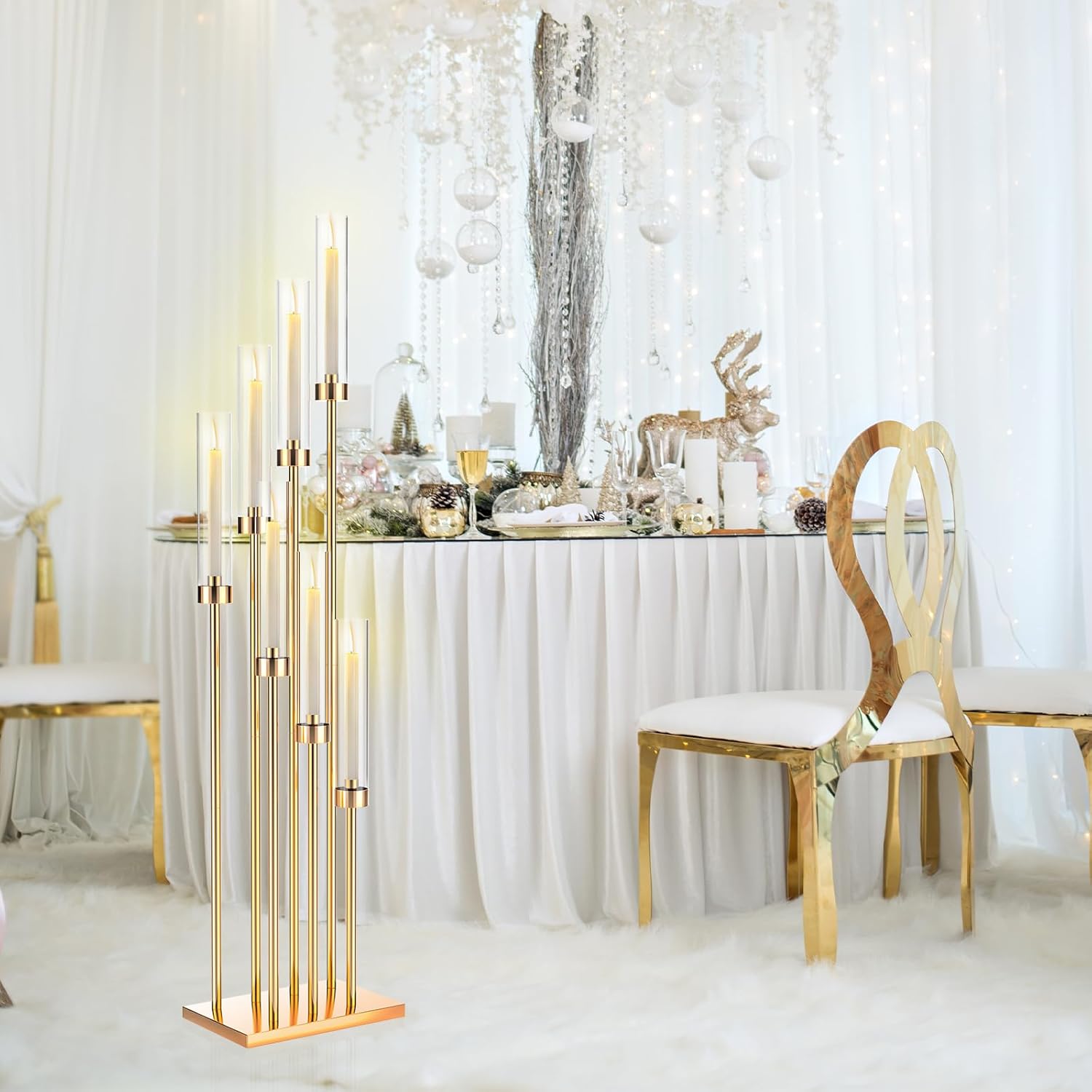 mopam 7 Arms Floor Candelabra 46.5'' Floor Candle Holders for Wedding 4pcs Gold Candle Sticks Holder Decor Tall Metal Candlestick Set with Acrylic Lampshades for Home Christmas Party (Square)