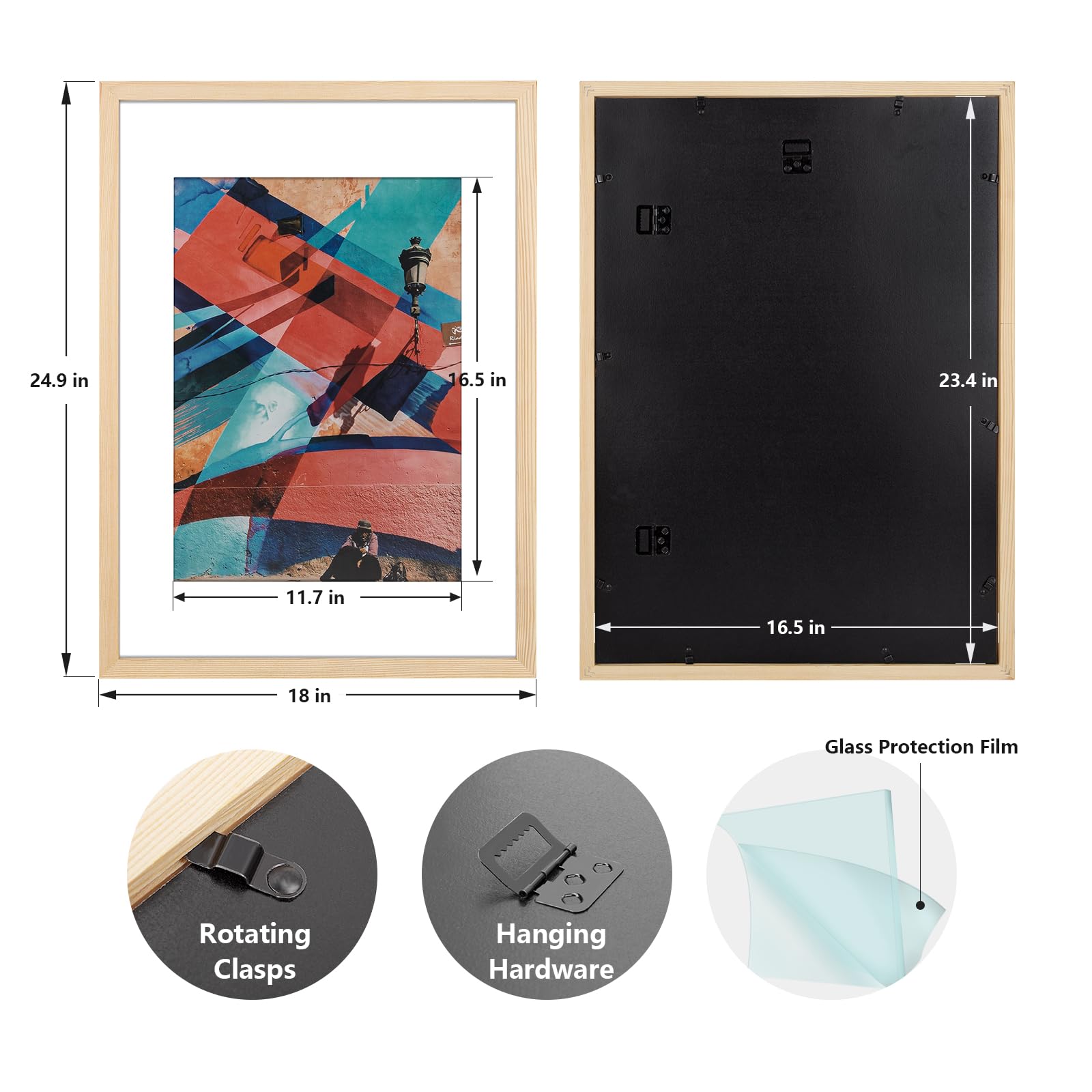 HOHIYO Cornice per poster A2, 42 x 59,4 cm, in legno naturale con vetro acrilico lucido, facile da applicare, immagine A2 senza tappetino o A3 con