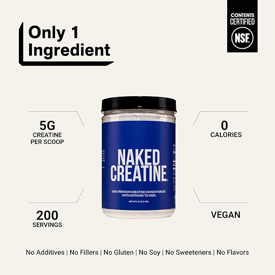 NAKED Pure Micronized Creatine Monohydrate 200 Servings, 1,000g Bulk NSF Certified, Vegan, Non-GMO, Gluten & Soy Free - Muscle Building, Strength Training, Gym & Fitness Supplement