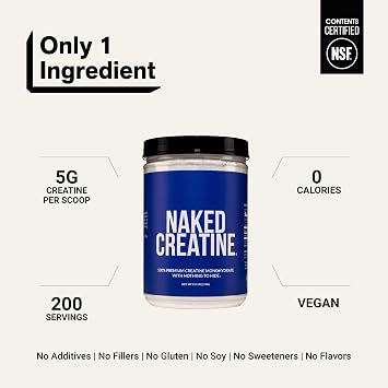 NAKED Pure Micronized Creatine Monohydrate 200 Servings, 1,000g Bulk NSF Certified, Vegan, Non-GMO, Gluten & Soy Free - Muscle Building, Strength Training, Gym & Fitness Supplement