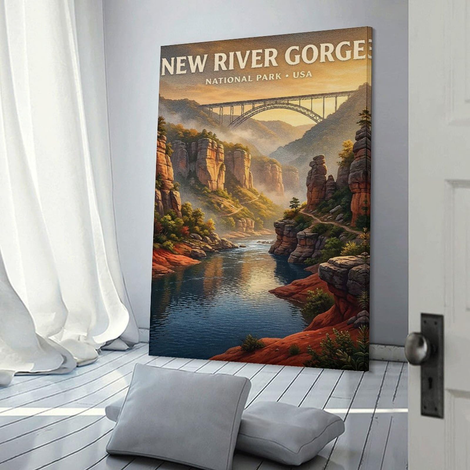 Junmoney Frame-Style-7 Canvas Wall Picture New River Gorge National Park, 24X36inch(60X90cm), For Calm Bedrooms, Home Corners Or Flats, Decorative Wall Art For Cosy Rooms