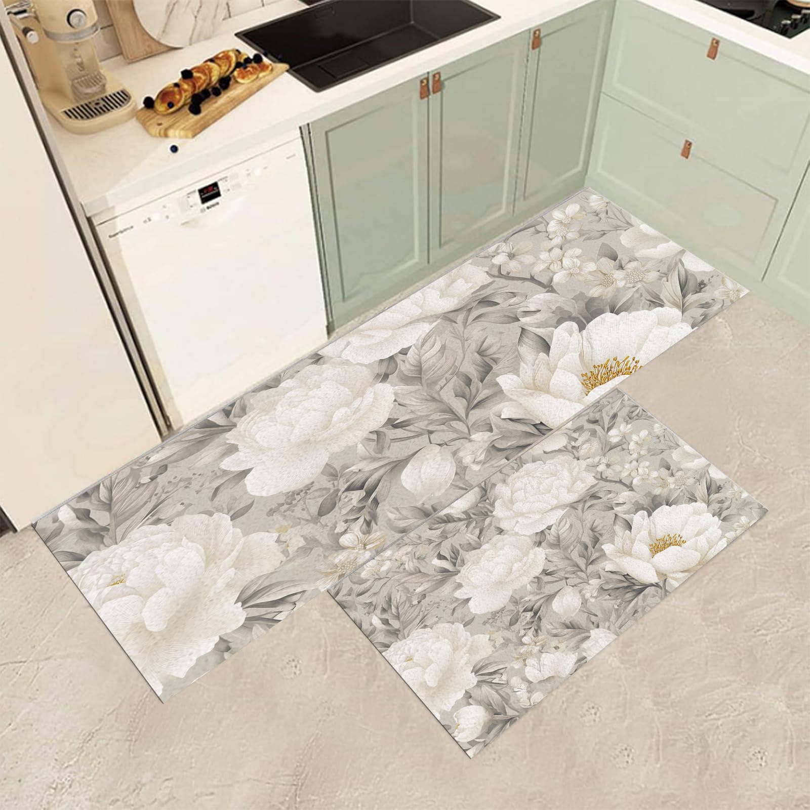 Tapis de cuisine absorbant lavable lot de 2 tapis antidérapants pivoine