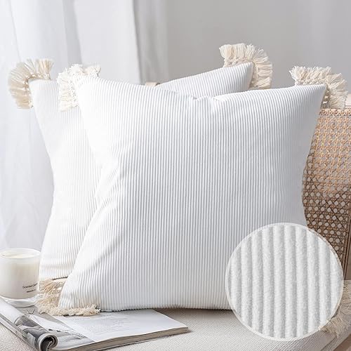 Miniatura 8 de Phantoscope Paquete de 2 fundas de almohada de pana suave decorativas de terciopelo a rayas con borlas de algodón, fundas de almohada ultra sólidas,