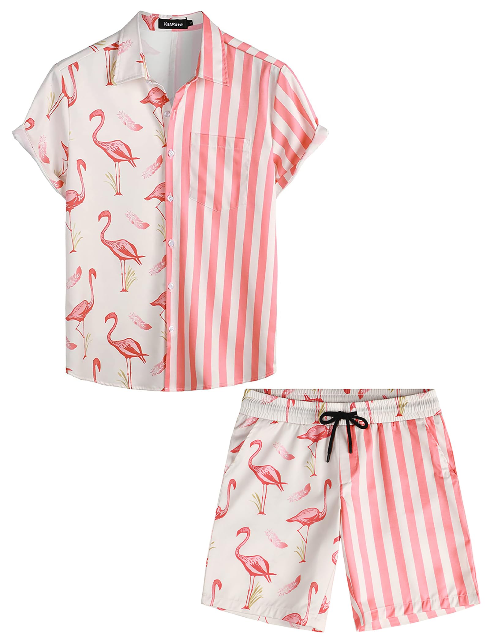 VATPAVE Mens Flamingo Hawaiian Sets Casual Short Sleeve Button Down Shirts Beach Outfits