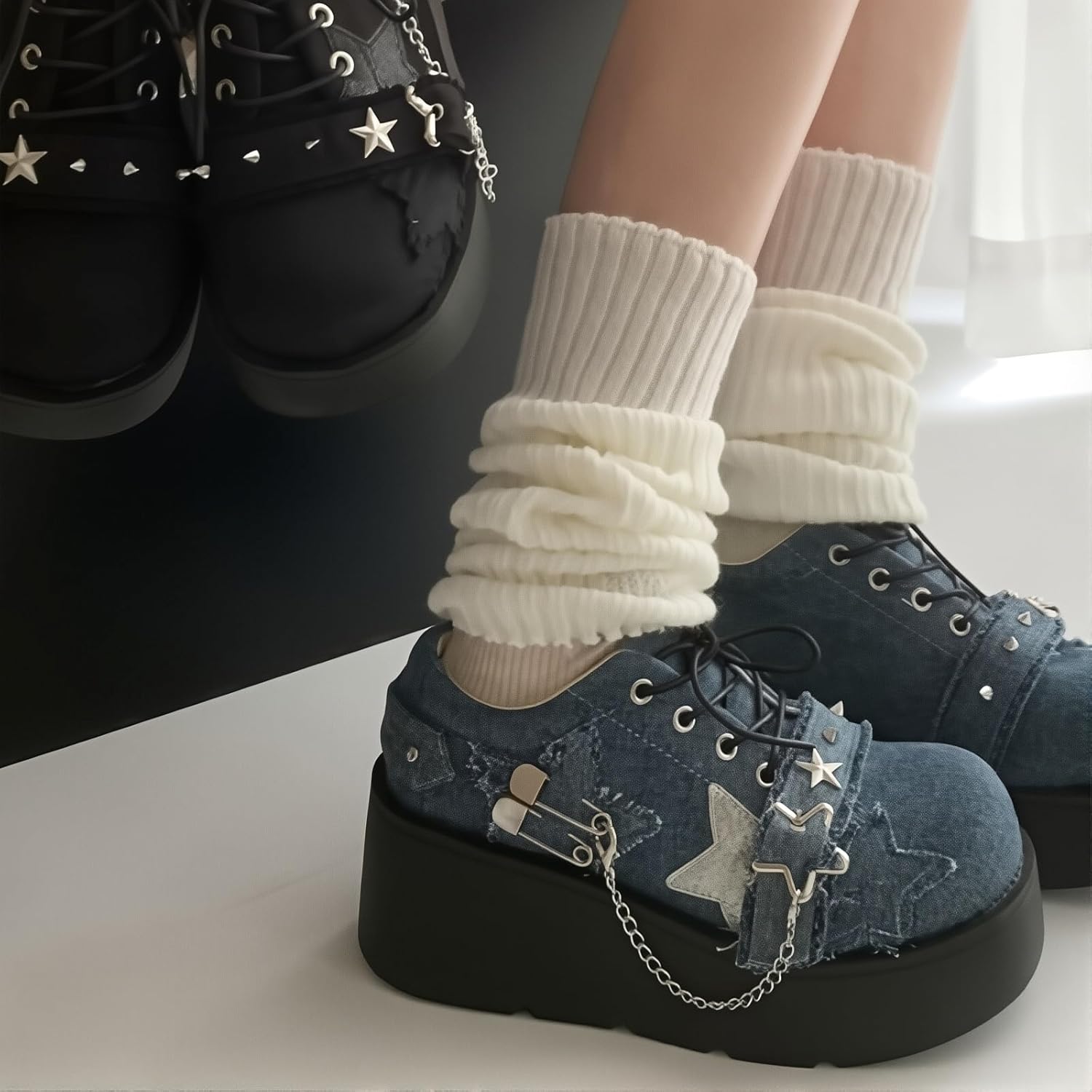Women's Denim Low Top Wedge Gothic Ankle Boots Fashion Chain Round Toe Lace Up Platform Ankle Boots Rave Party Prom Punk Boots - Image 6