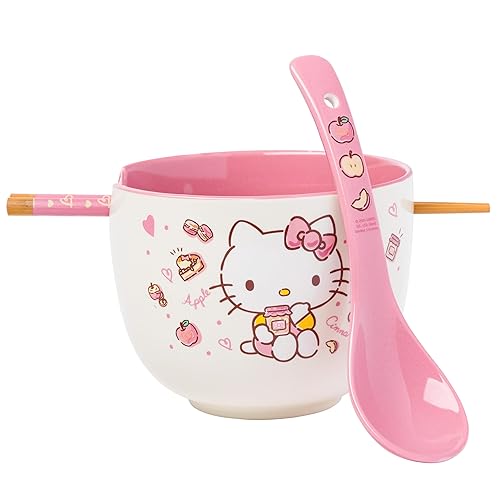 Silver Buffalo Sanrio Hello Kitty Apples and Cinnamon Ceramic Ramen Noodle Rice Bowl with Chopsticks and Spoon, Microwave Safe, 20 Ounces - Hello Kitty Apples and Cinnamon Spoon - 20 Ounces (With Spoon)