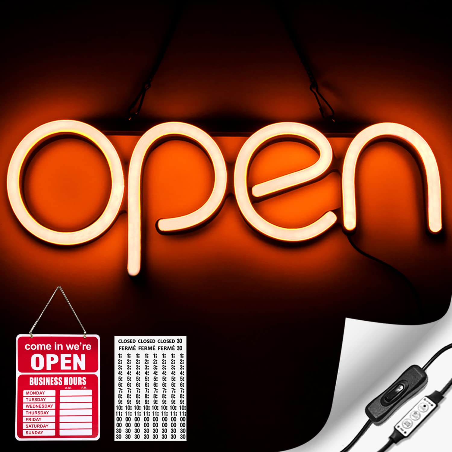Photo 1 of Flashing LED Neon Open Sign Light for Business with ON & Off Switch - Lightweight & Energy Efficient for Restaurants Offices Retail Shops Window Storefronts - Orange Horizontal Orange