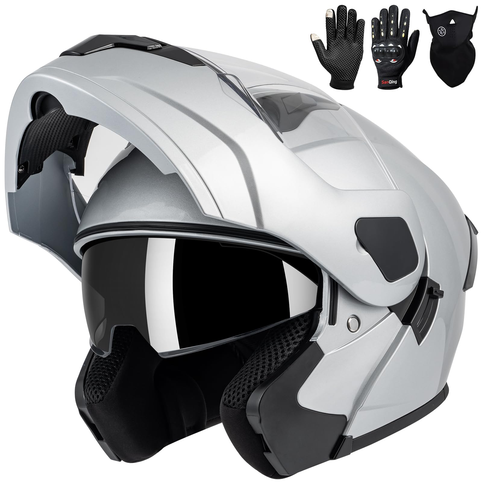 Adult Modular Motorcycle Helmets, DOT Approved Flip up Dual Visor Full Face Helmet for Men Women Moto ATV UTV Snowmobile ADV Four Wheeler Street Bike with Gloves & Mask