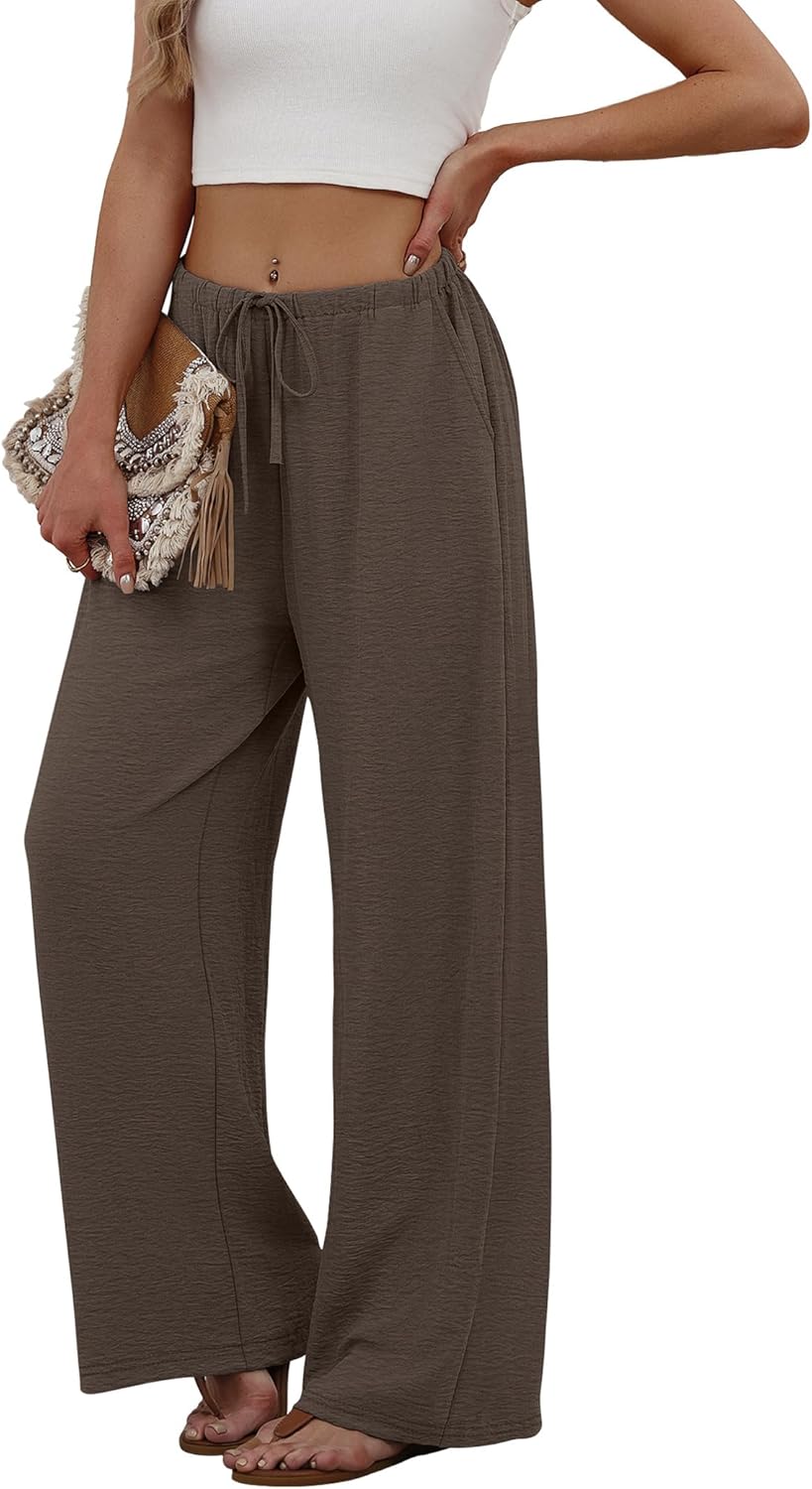 Sampeel Wide Leg Pants for Women Flowy Palazzo Drawstring Elastic Waist Trousers with Pockets Summer Beach Vacation Clothes - Image 4