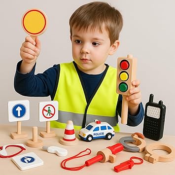 Wudly Wooden Traffic Police Play Set, Pretend Play Set, Activity Toy for Kids, Montessori Game, Role Play