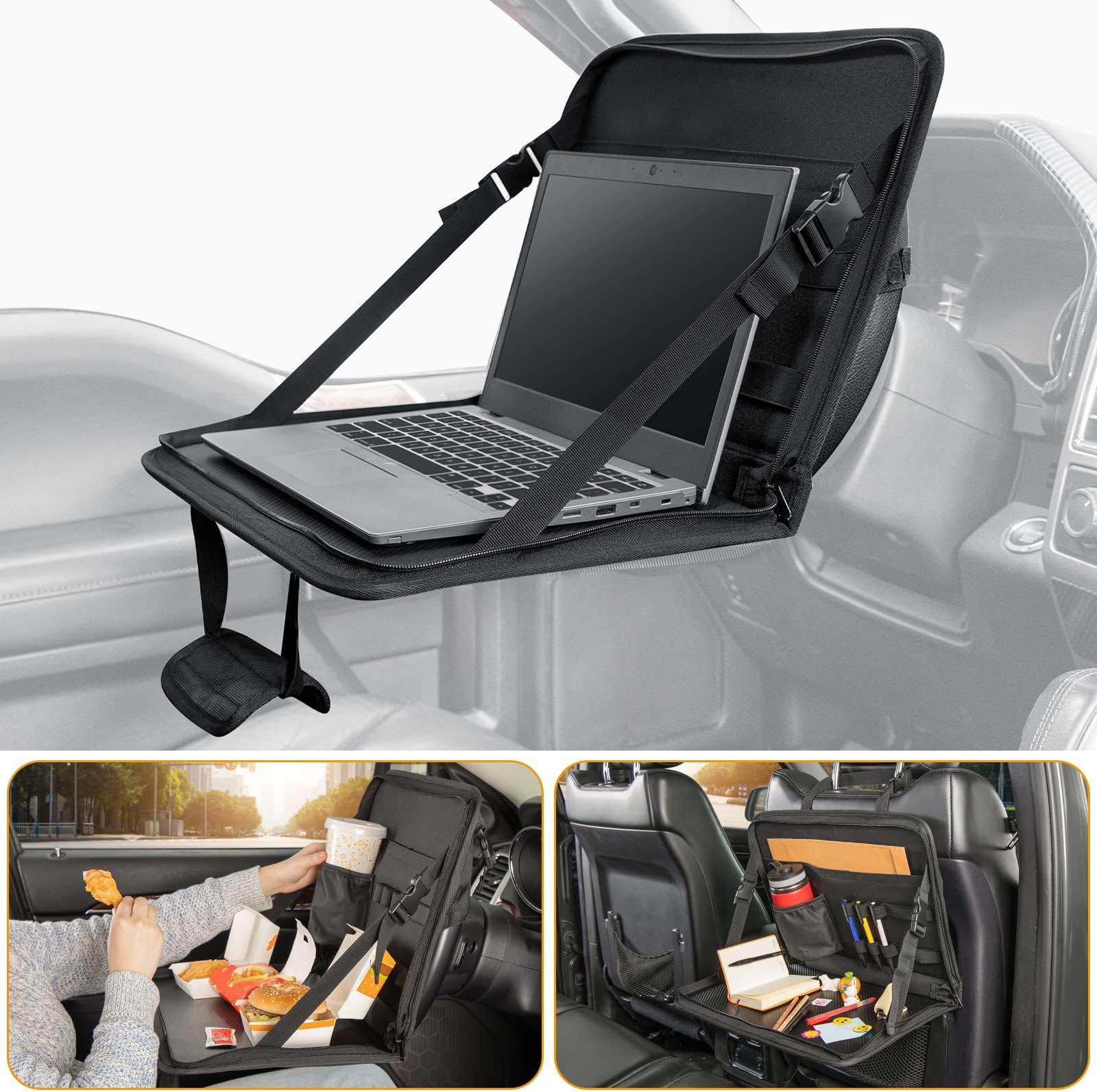 JOYTUTUS 3 in 1 Steering Wheel Eating Tray, Back Seat Laptop Desk, Multifunctional Office Bag, Work Table for Writing, Organizer for Kids, Commuters, Family