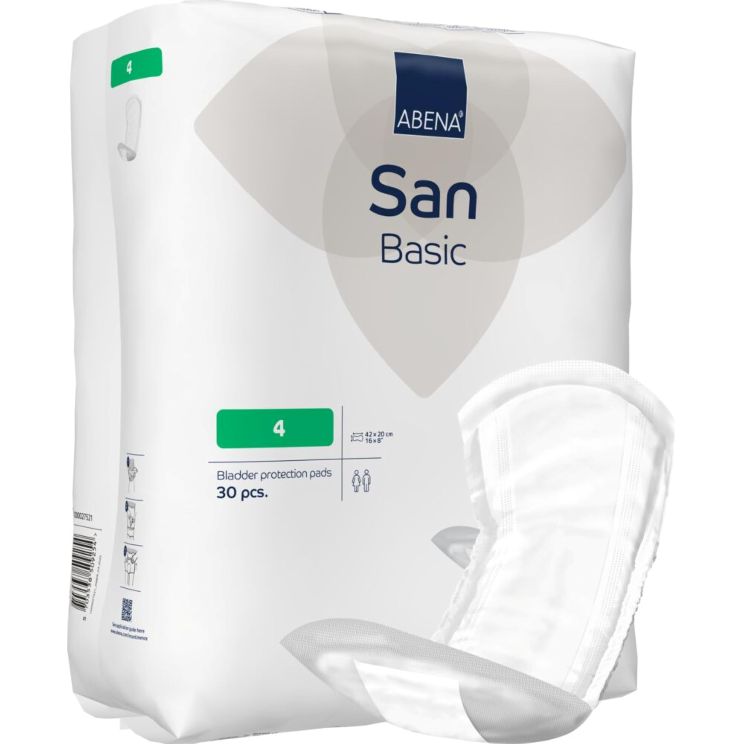 ABENA Basic San 4, 740ml, Pack of 30, 42x20cm, Incontinence Pads for Men & Women, Breathable, Discreet Shaped Pads for Light to Moderate Bladder Weakness, Fast Absorption, Odour & Leak Protection