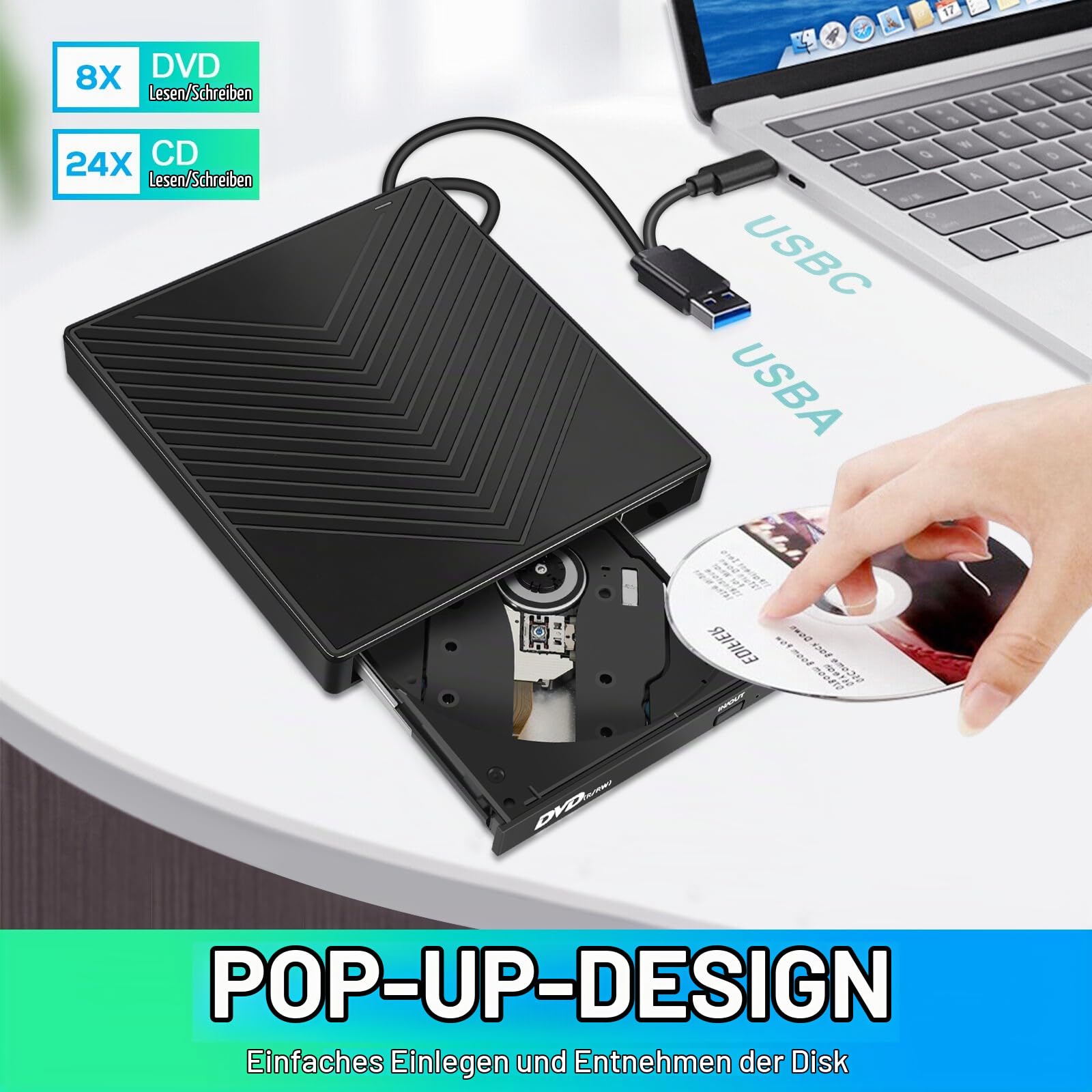 Externes CD DVD Laufwerk USB 3.0 & Typ-C, Tragbares CD-DVD +/-RW ROM Laufwerk Leser Brenner Rewriter mit SD/TF, 4 USB & USB-C Port, für Laptop PC Windows 11 10 8 7 XP, Linux, Mac OS