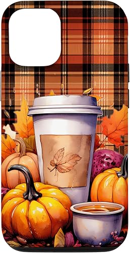 Funda para iPhone 13 Tartán Café Latte Otoño Calabaza Acción de Gracias