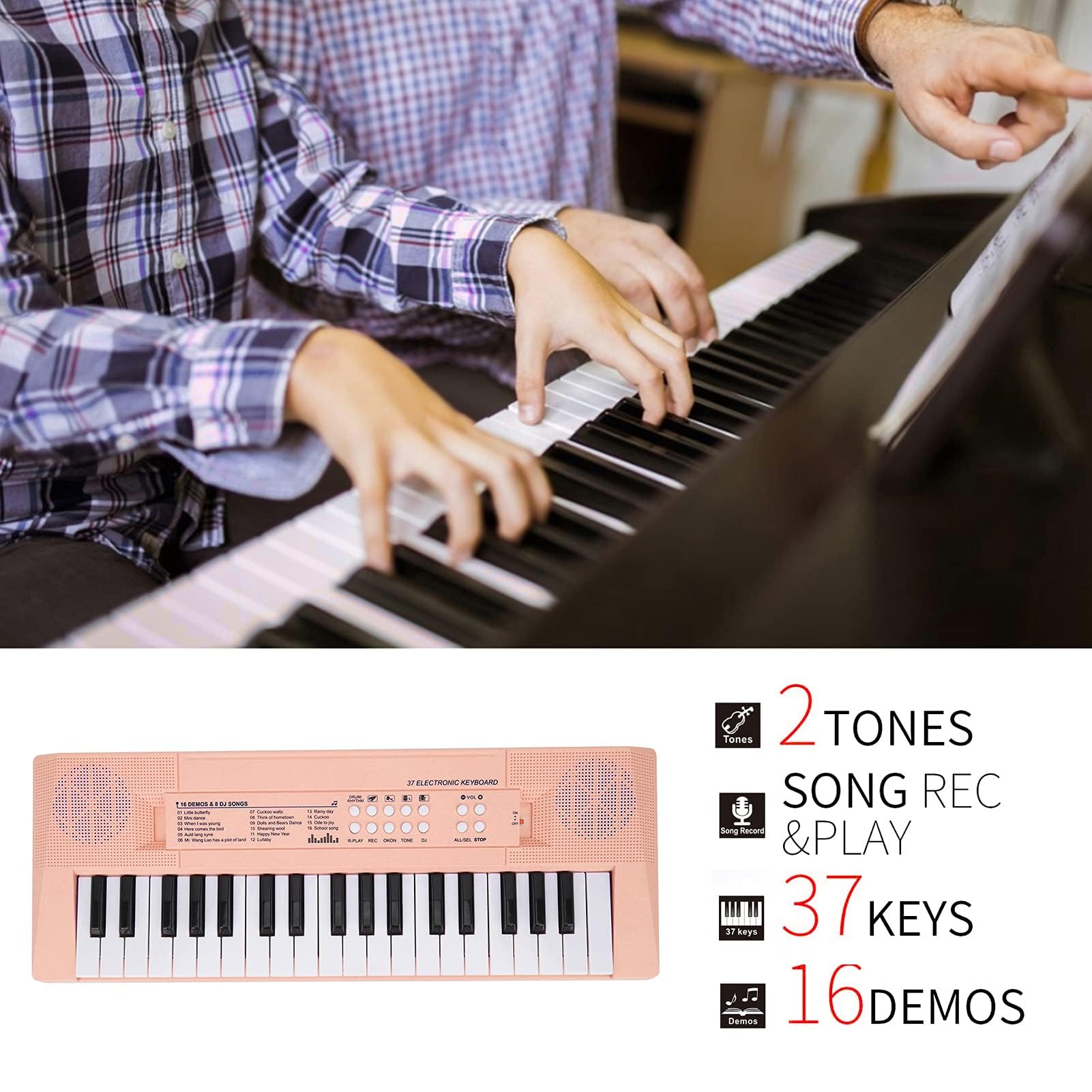 Ejoyous Teclado Piano eléctrico de 37 teclas, teclado musical portátil para principiantes con función de grabación, micrófono incluido, teclas blancas y negras, alimentación de batería USB AA (rosa)