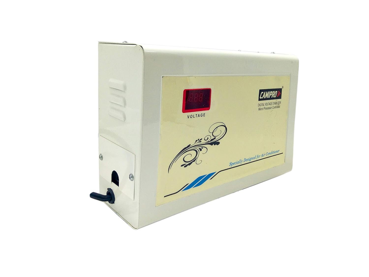 Side view of the CAMIPRO Voltage Stabilizer, showing the power cord and a side panel with ventilation slots.