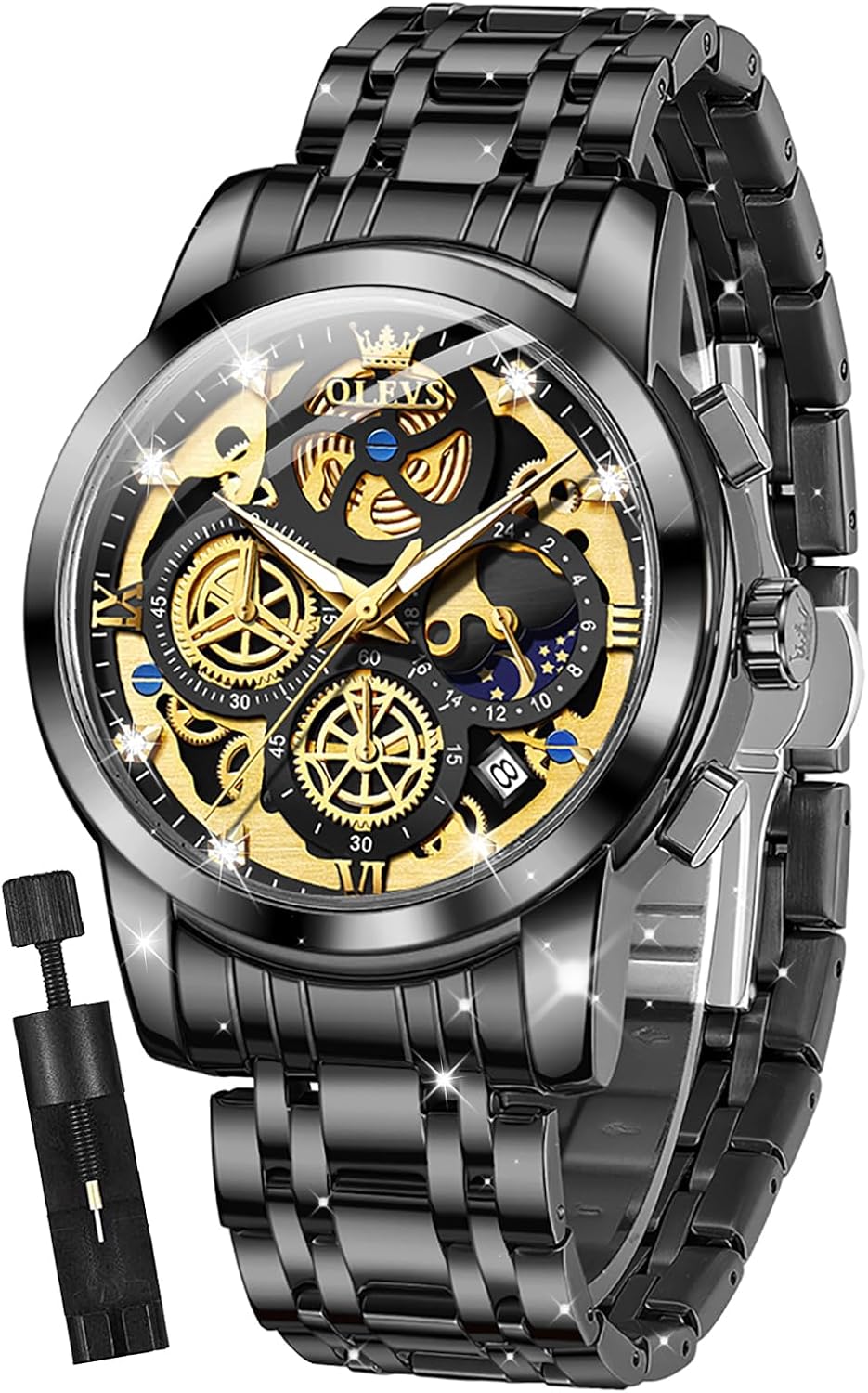 OLEVS Mens Watch Chronograph Luxury Diamond Dress Business Analog Quartz Wrist Watches Stainless Steel Waterproof Luminous