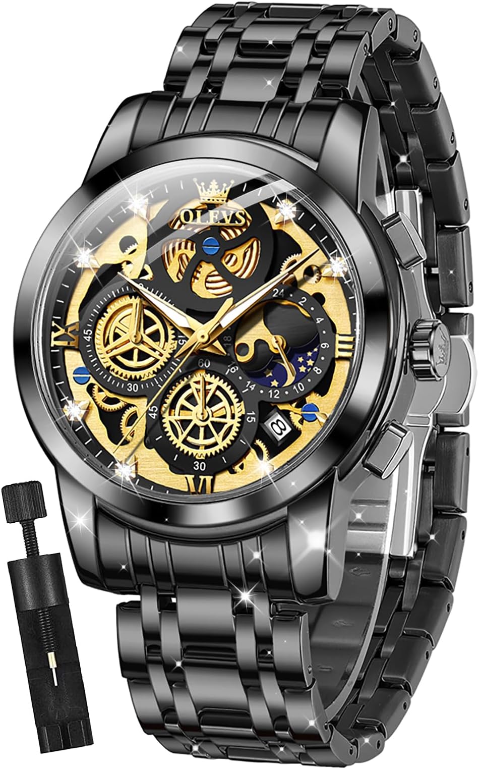 Mens Watch Chronograph Luxury Diamond Dress Business Analog Quartz Wrist Watches Stainless Steel Waterproof Luminous