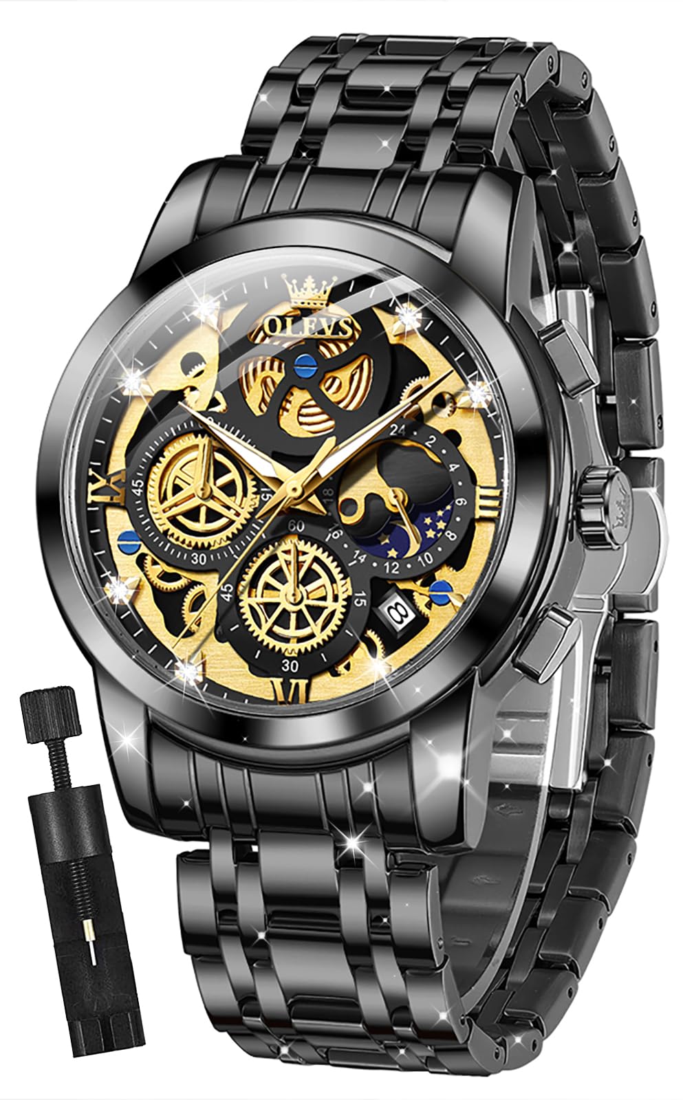 Mens Watch Chronograph Luxury Diamond Dress Business Analog Quartz Wrist Watches Stainless Steel Waterproof Luminous