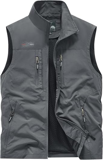 Mens Outdoor Utility Vest, Navy Blue, Multiple Zippered Pockets, Stand Collar