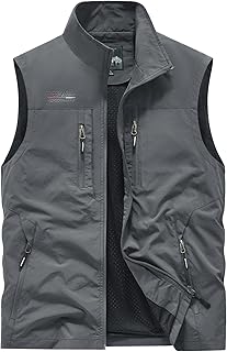 Men's Outdoor Utility Vest, Navy Blue, Multiple Zippered Pockets, Stand Collar