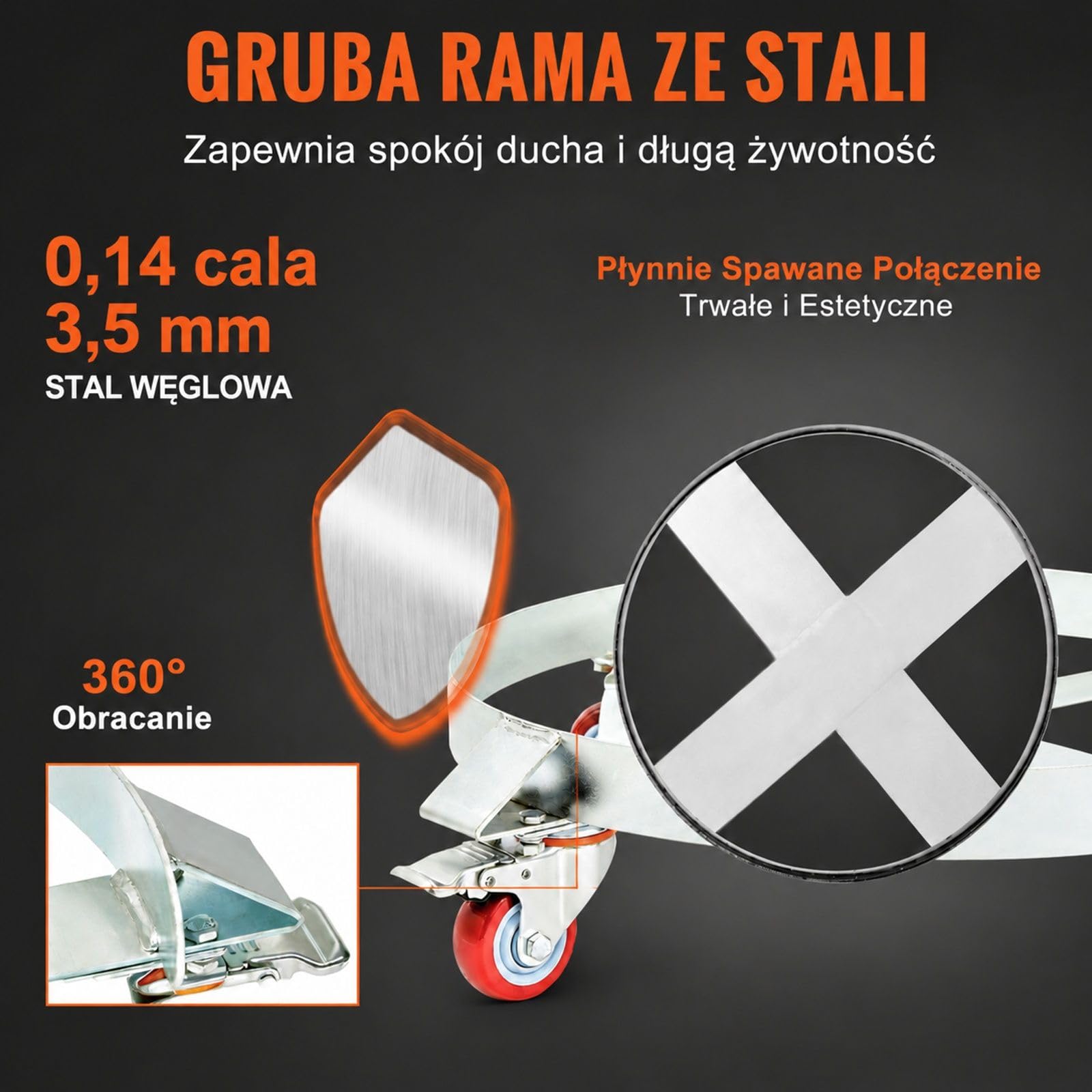 Wózek do beczek ze stali węglowej z metalową platformą i 4 uniwersalnymi kołami do transportu beczek i donic