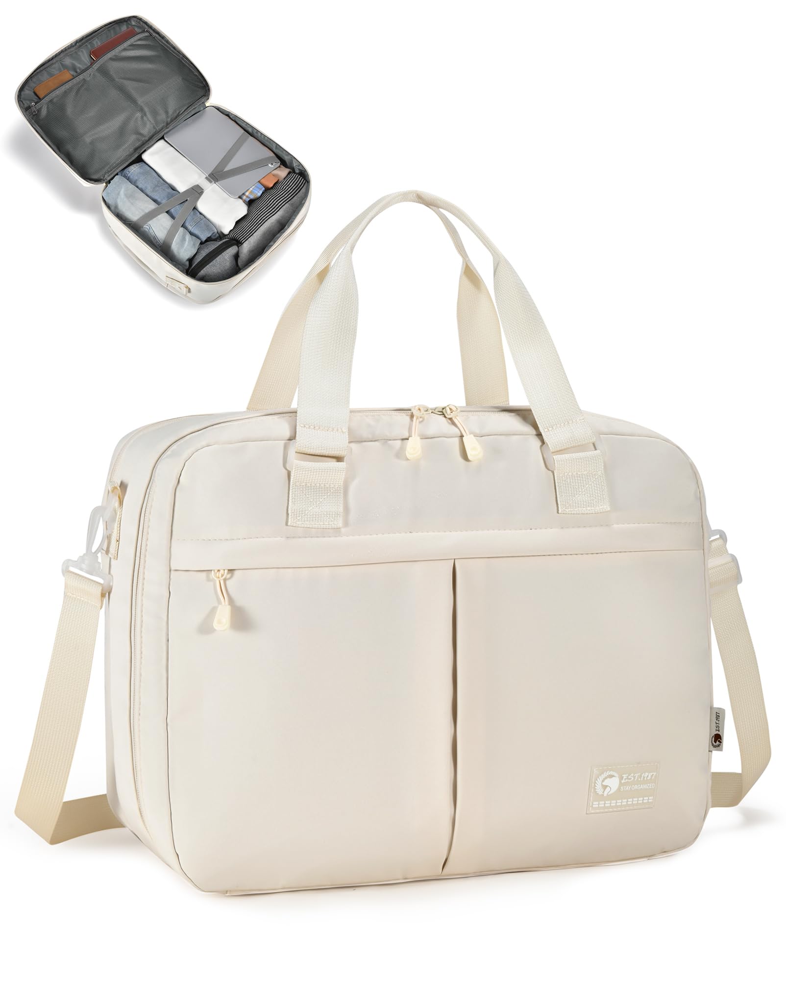 6x13x17 inch Personal Item Bag 180° Wide Open 43x33x15cm Carry on Duffel Bag with Laptop/Wet Pocket Flight Approved Weekender Overnight Bag, White image 5