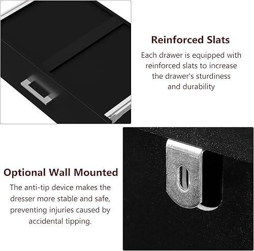 Vista 8 de TTVIEW Cómoda alta negra, cómoda de 5 cajones con gran capacidad, cómoda alta con asas de metal, cómoda de madera para pasillo y sala de estar