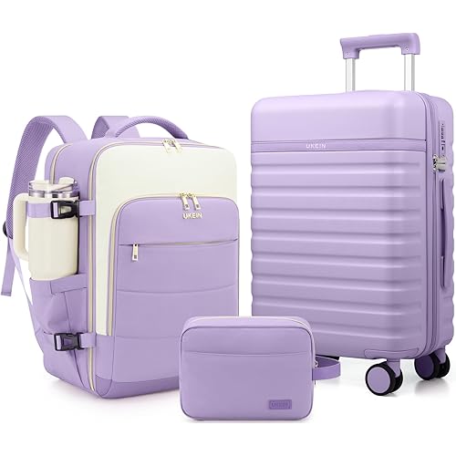 UKEIN Luggage Sets 3 Piece, Carry On Luggage 20In With Spinner Wheels,PC Hardside Suitcase Set with TSA Lock,Durable Carry On Suitcase With Travel Backpack for Men (Violet, 3 piece set (BP/20inch))
