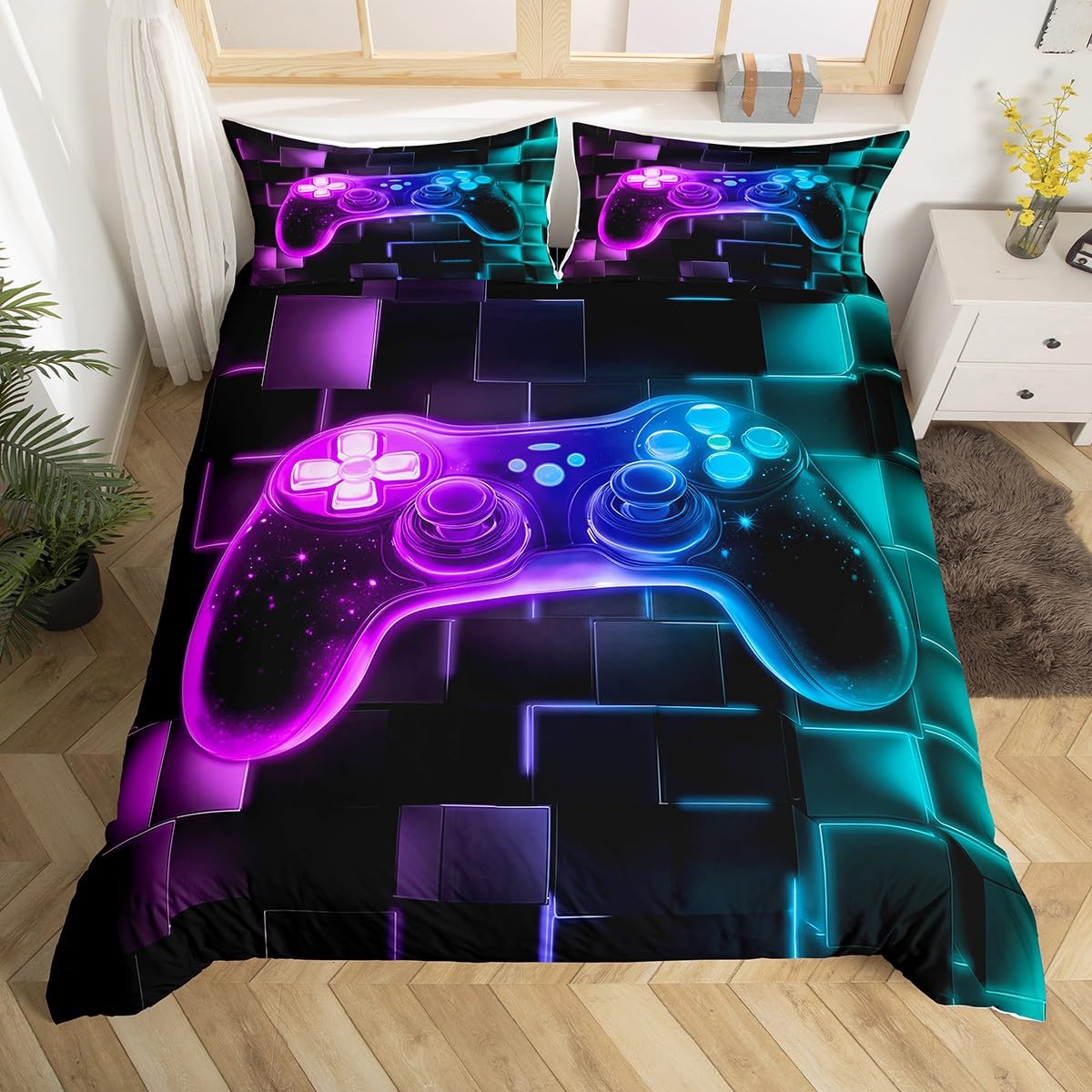 Homewish - Juego de funda nórdica infantil de 200 x 200 juegos, juego de cama para adolescentes, juegos de funda nórdica, diseño de galaxia, mando de videojuegos, cubrecama, cuadrícula geométrica