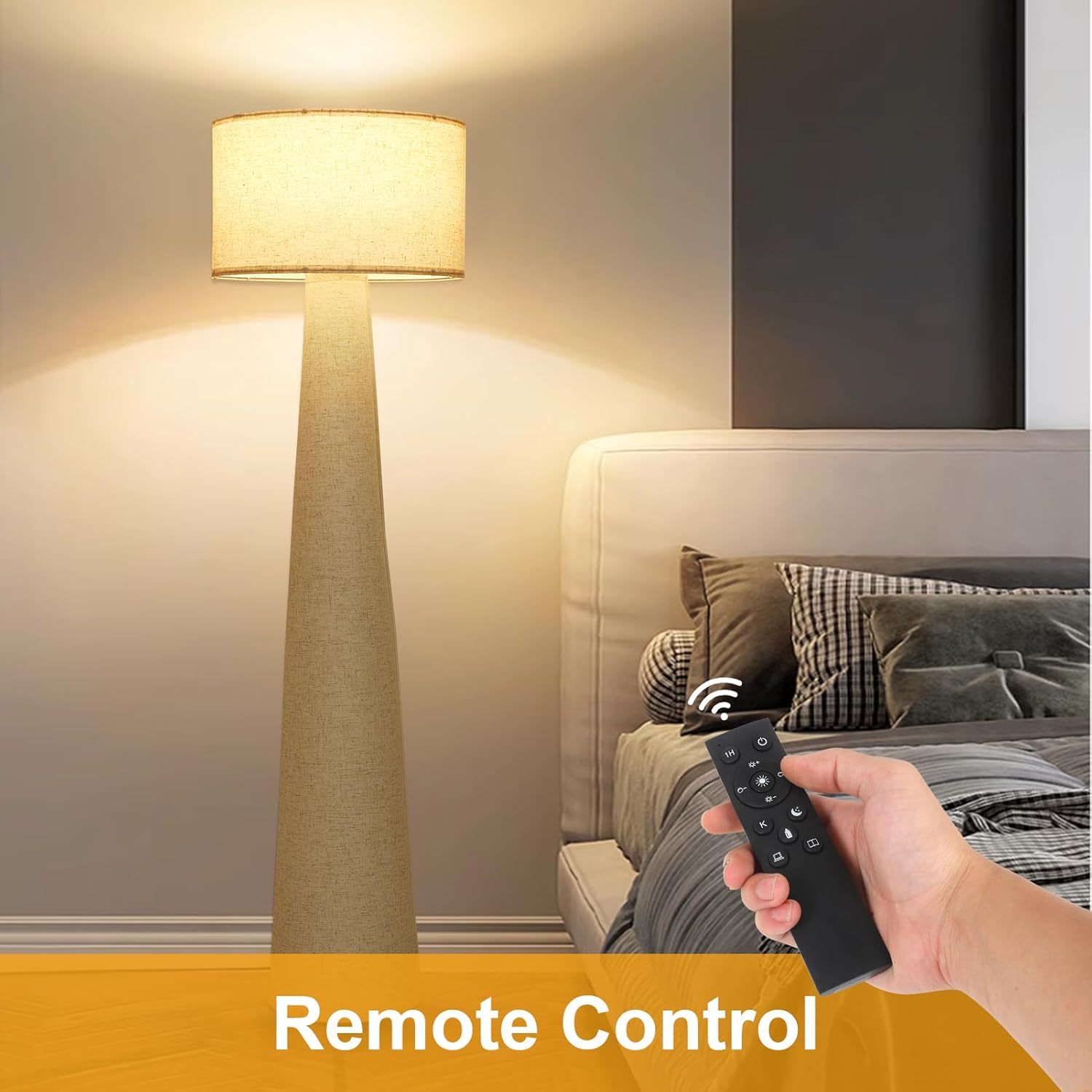 Boho White Floor Lamps for Living Room, Dimmable Standing Lamp with Remote and Bulb, Mid Century Column Tall Lamp with Fabric Shade, 3 Color Temperatures, Farmhouse Stand Up Light for Bedroom