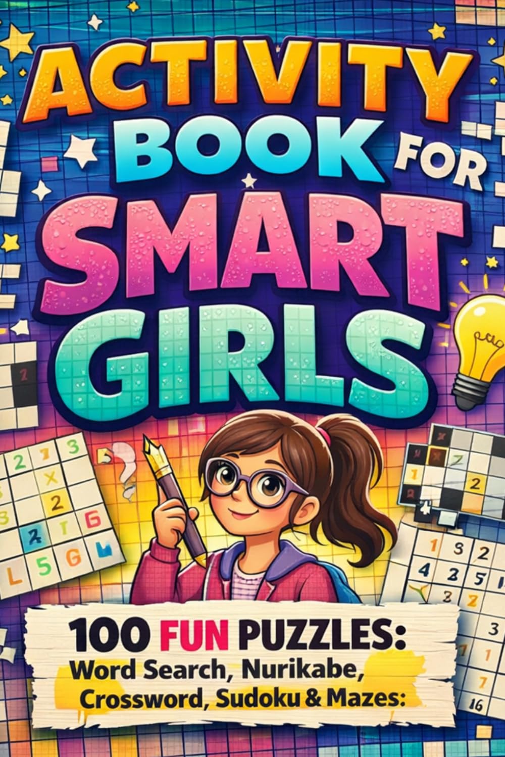 Activity book For Smart Girls: 100 Fun Puzzles (Sudoku, Word Search, Crossword, Rectangular Mazes & Nurikabe) |Solution Included|