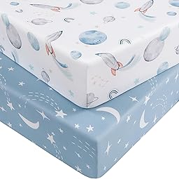 Nyessmee Baby Crib Sheets for Boys and Girls, Fitted Crib Sheets 52" x 28", Soft Breathable Microfiber Sheets for Standard Crib and Toddler Mattress, 2-Pack Blue Rocket