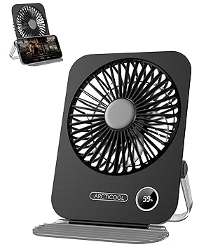 ARCTICOOL Small Table Fan with LED Display, 2000mAh Battery Rechargeable Fan with 5 Speeds, 5.8 Inch Mini Desktop Fan with 180° Tilt Folding and Phone Stand for Home and Office (Black) - image, photos
