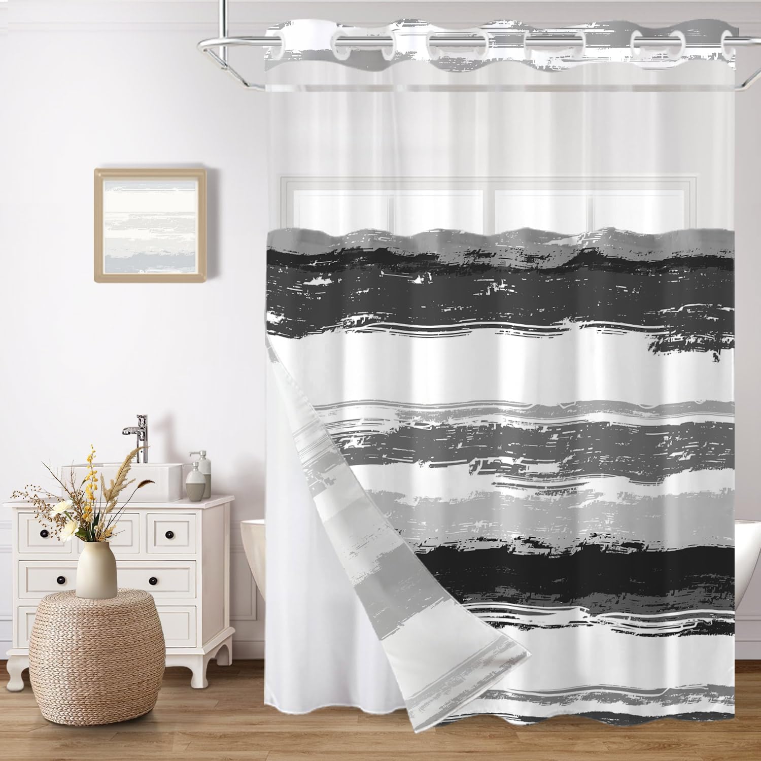 No Hook Shower Curtain and Liner Set, Grey and White Striped Hotel Shower Curtains for Bathroom, Minimalist Waterproof Bathroom Curtain Sets with Snap in Liner Mesh Top Window, 71x74 Inch
