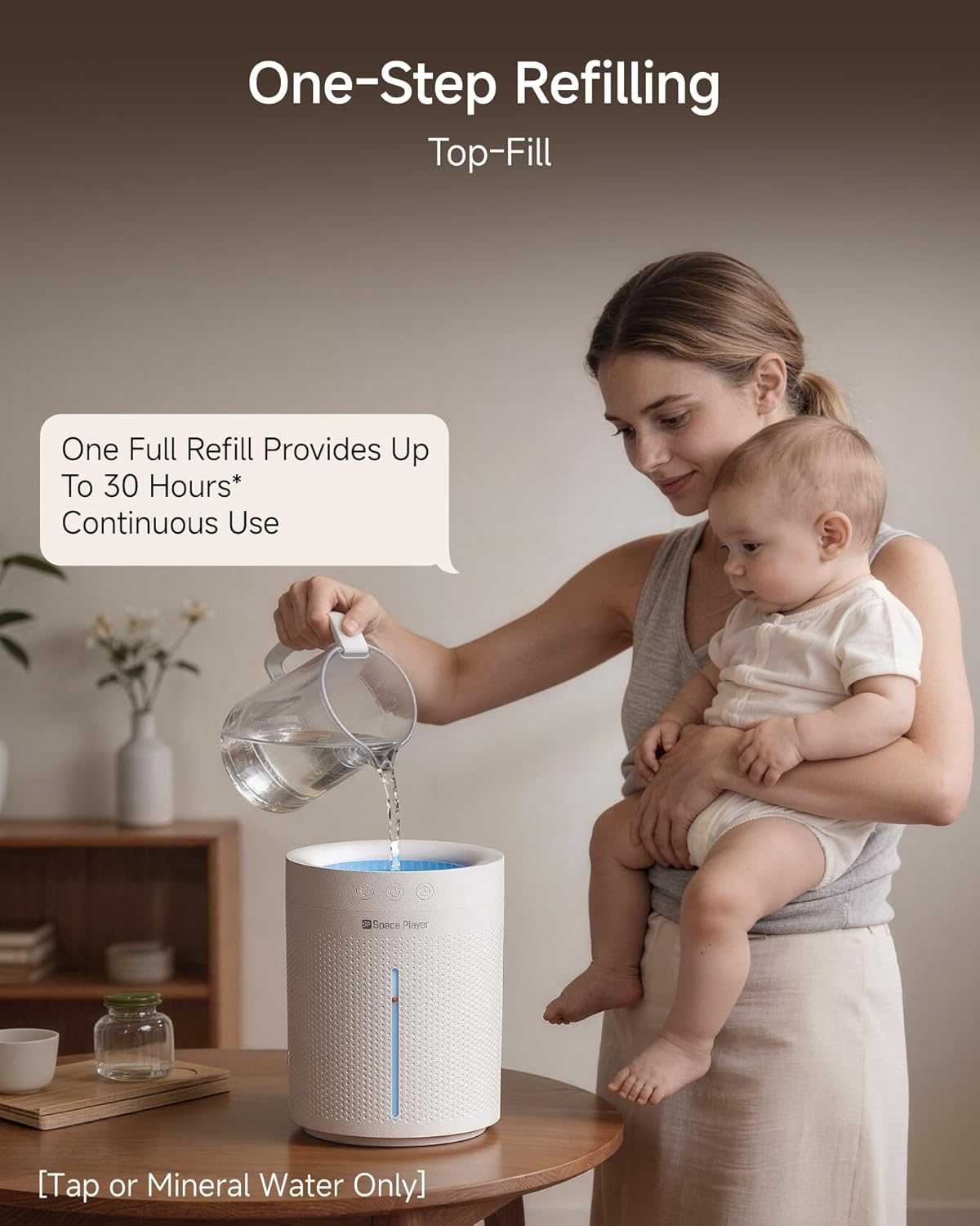 SP SpacePlayer Cool Mist Humidifier for Bedroom, 3L Top Fill Ultrasonic, 4000mAh Cordless Portable Humidifier, Quiet 23dB, Auto Shut-Off, Timer, Easy Clean, for Baby Nursery, Plants, Home Office